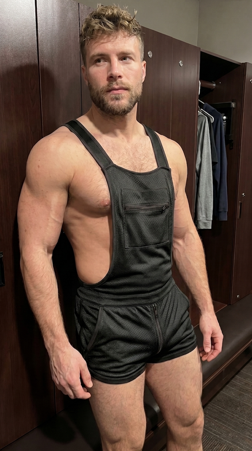 Joyglove Men's Black Mesh Open Side Harness Romper with Adjustable Straps and Zi