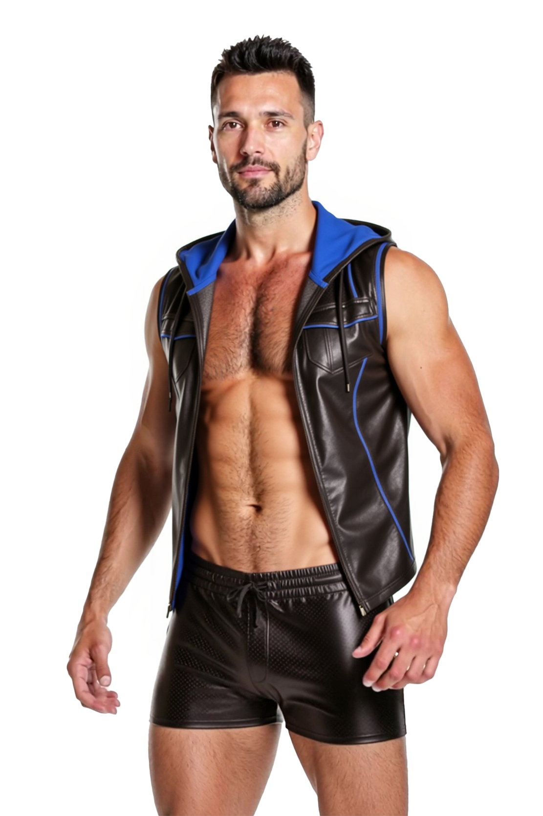 Joyglove Men's Red PU Leather Zip Hoodie with Shorts