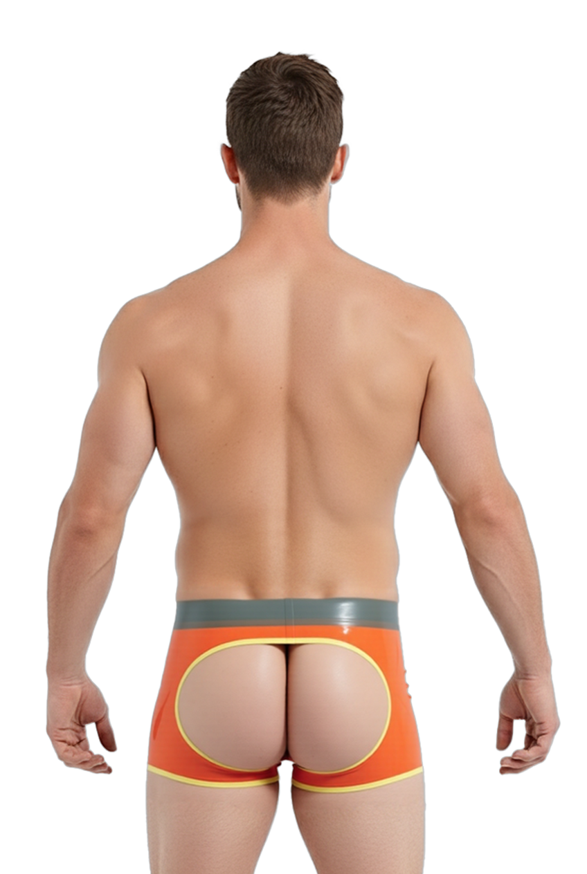 Joyglove Men's Glossy PU Leather Orange Shorts with Playful Cutout Back