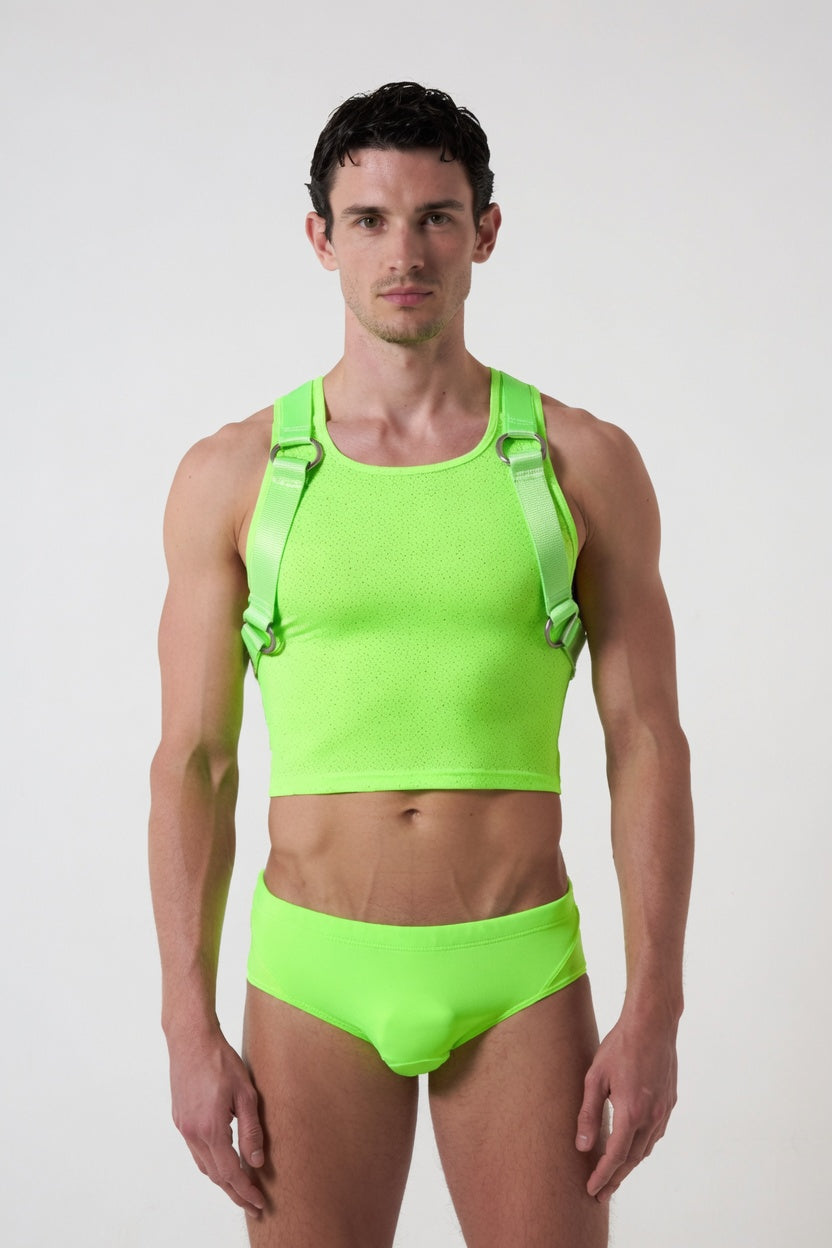 Joyglove Neon Harness Crop Tank & Matching Briefs Set (Silver/Pink/Green)