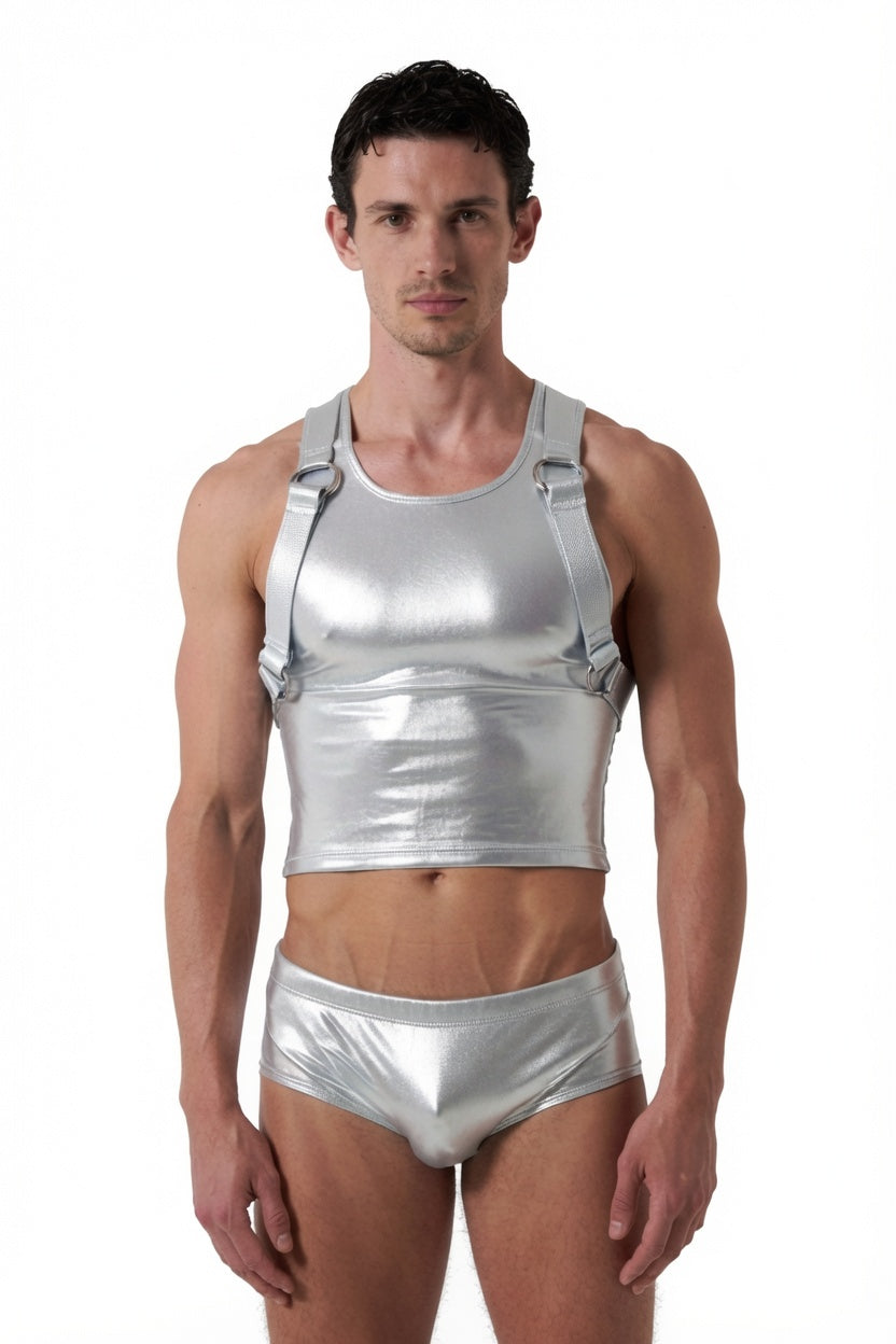 Joyglove Neon Harness Crop Tank & Matching Briefs Set (Silver/Pink/Green)