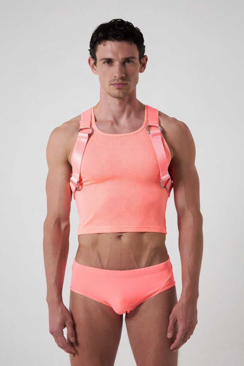 Joyglove Neon Harness Crop Tank & Matching Briefs Set (Silver/Pink/Green)