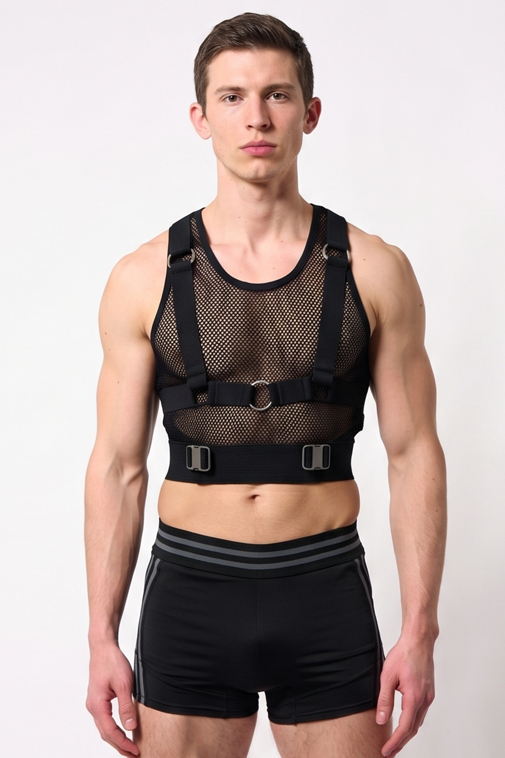 Joyglove Mesh Harness Crop Top with Adjustable Buckle Straps (Black)