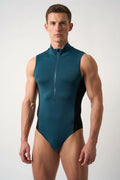 Joyglove Sleeveless Zip‑Front Bodysuit Singlet in Teal & Black