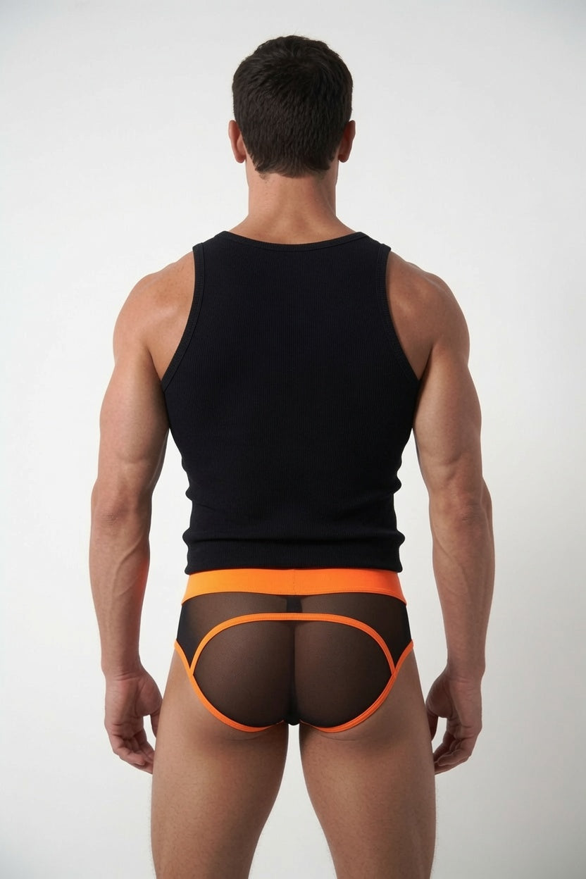 Joyglove Sheer Mesh Jock Briefs with Neon Orange Trim & Open Back