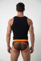 Joyglove Sheer Mesh Jock Briefs with Neon Orange Trim & Open Back