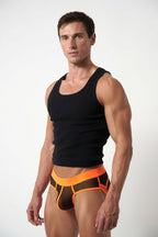 Joyglove Sheer Mesh Jock Briefs with Neon Orange Trim & Open Back