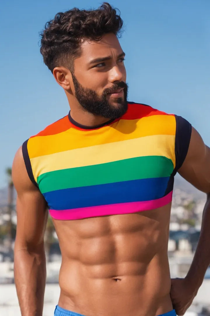 Joyglove Stylish Rainbow Patchwork Long Sleeve Crop Top