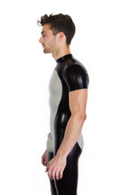 Joyglove Men’s PU Leather Short-Sleeve Bodysuit – Black & Red Contrast Style