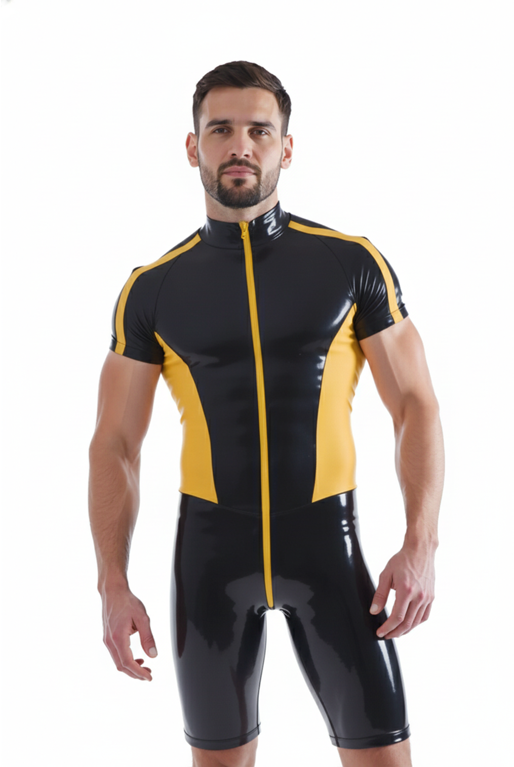 Joyglove Men's Pu Leather Short Bodysuit in Black and Yellow
