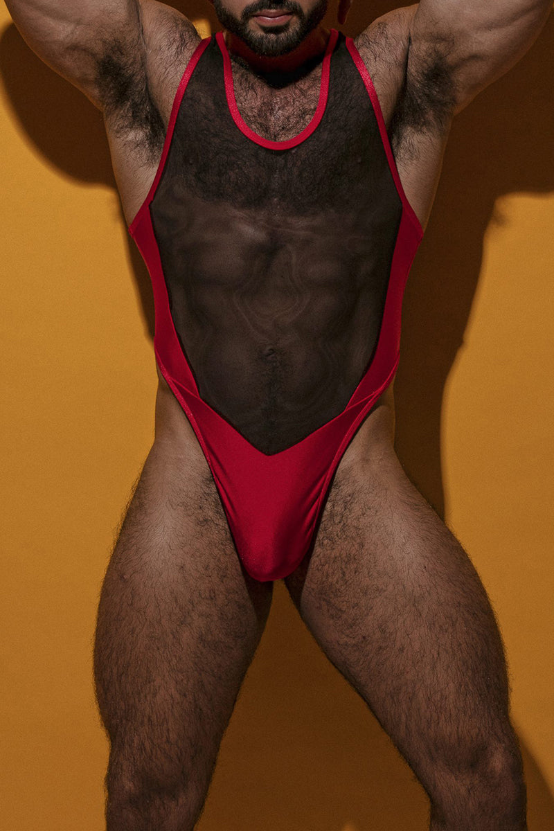 Colorblock See-Through Mesh Patchwork Racer Back Stretchy Thong Bodysuit