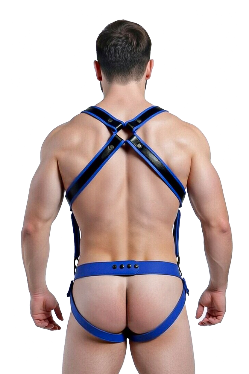 Joyglove Men's Sexy Blue PU Leather Harness and Backless Jock