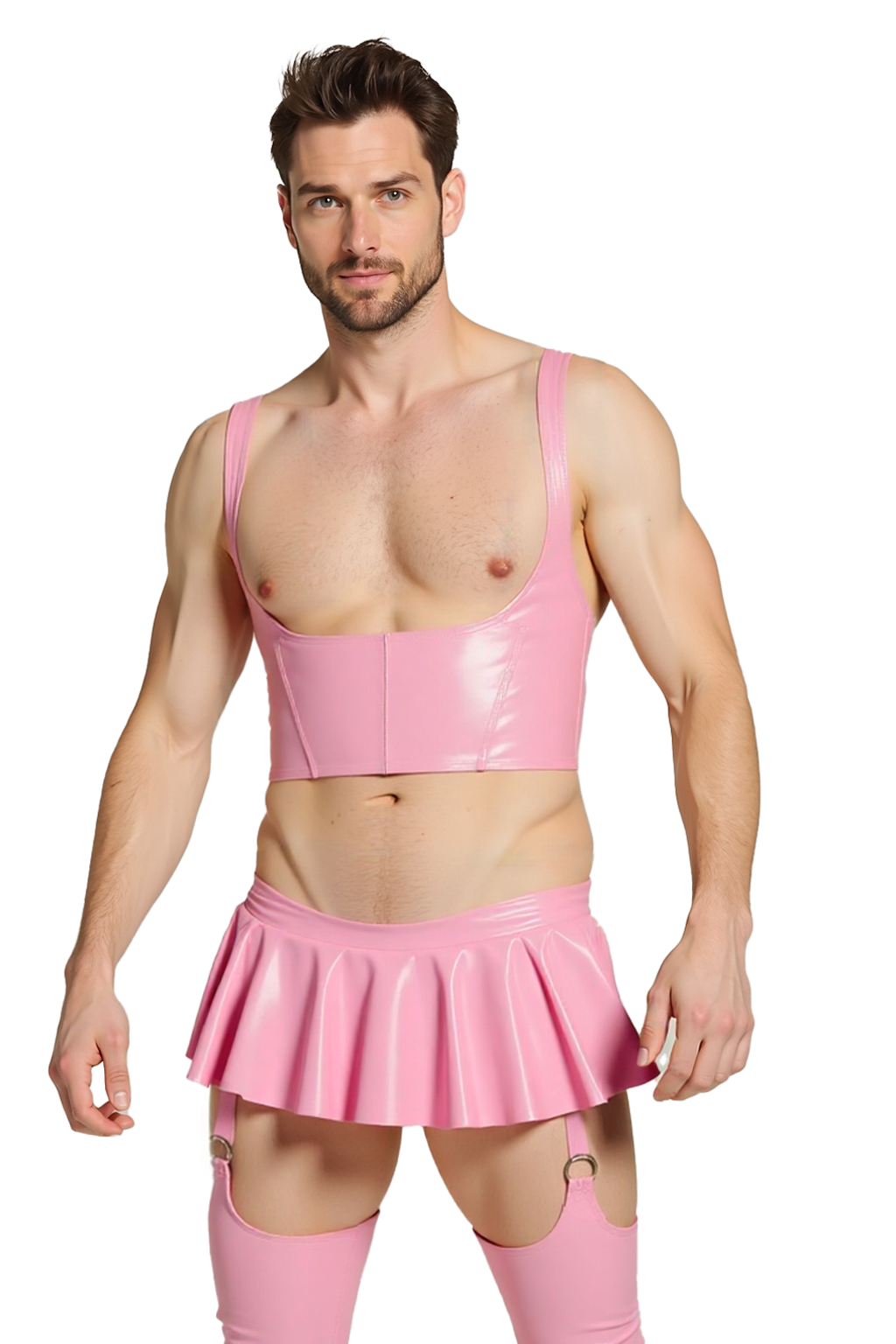 JOYLGBT Bubblegum Bad Boy Pink Leather Crop & Skirt Garter Set	