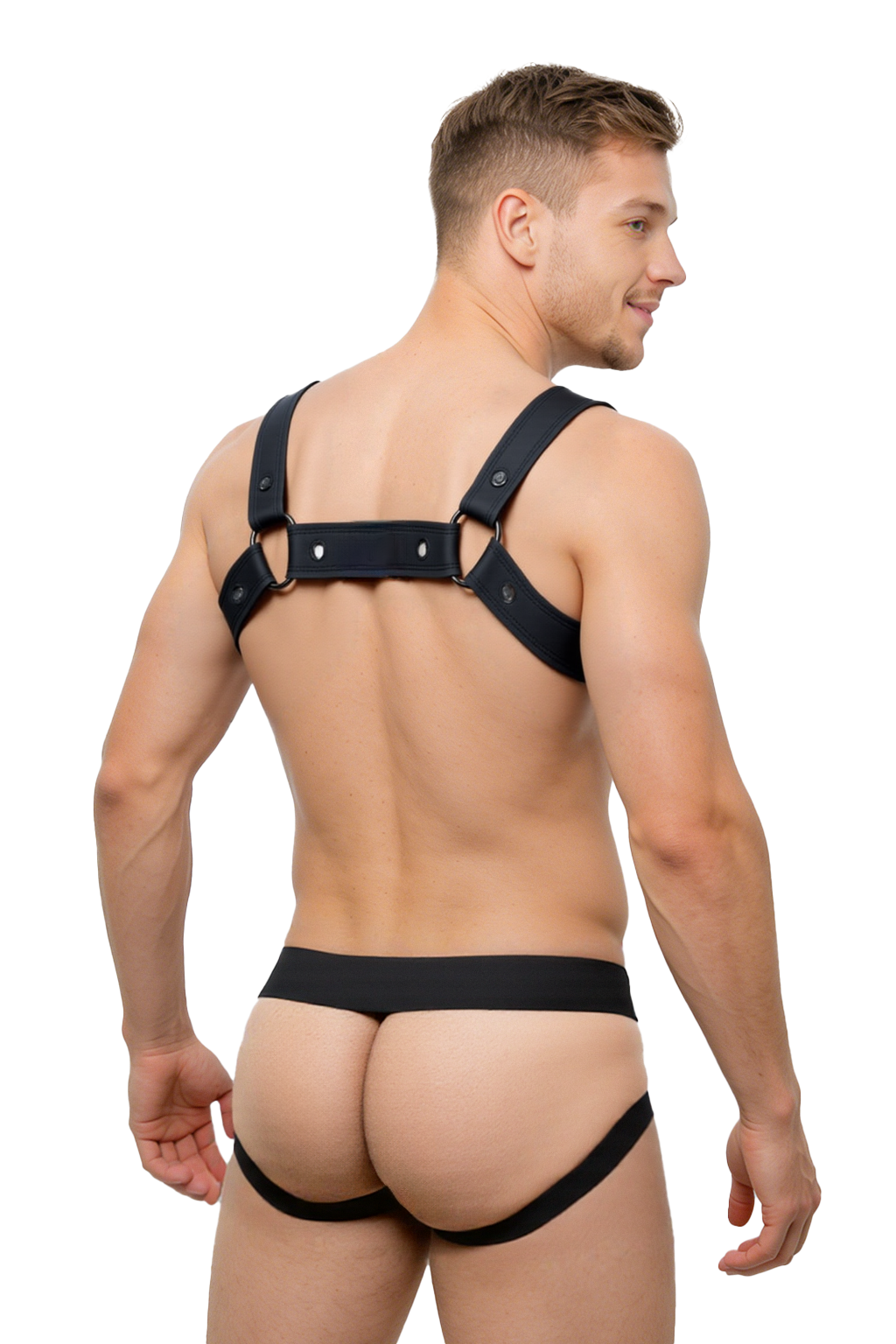 Joyglove Black PU Leather Harness & Red Jockstrap – Fetish Gear for Men