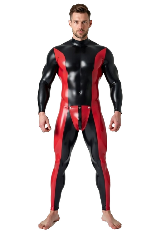 Joylgbt's Men’s Glossy Red & Black Zipper Catsuit with Snap-Front Panel – Fetish Full Bodysuit	