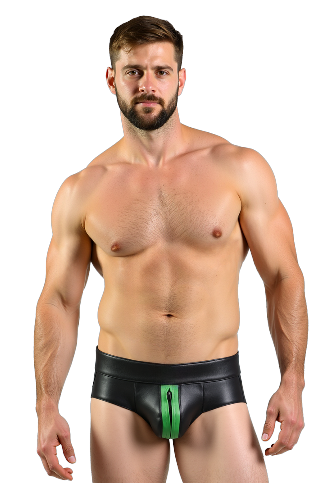 Joyglove Men's Black PU Leather Boxer Shorts with Bold Green Zipper Detail