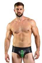 Joyglove Men's Black PU Leather Boxer Shorts with Bold Green Zipper Detail