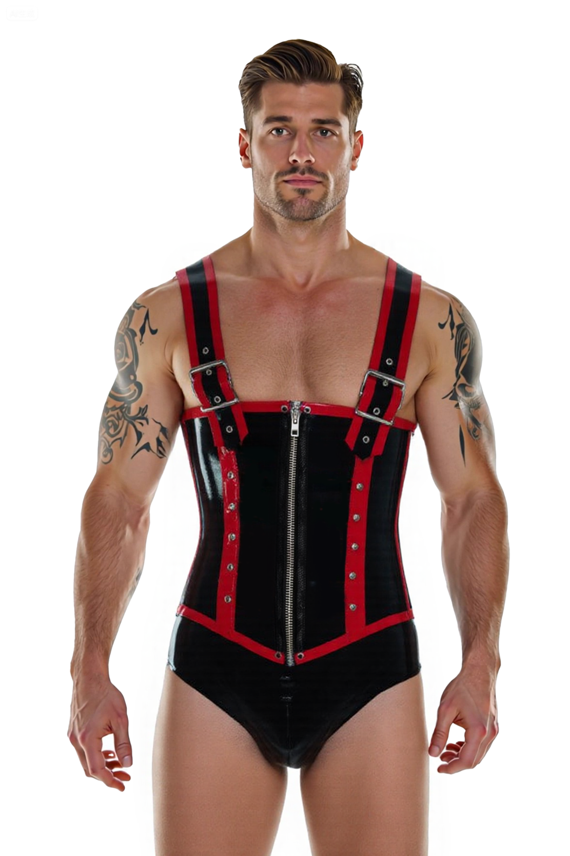 Joyglove Men’s PU Leather Corset Bodysuit – Black with Red Trim and Harness Straps
