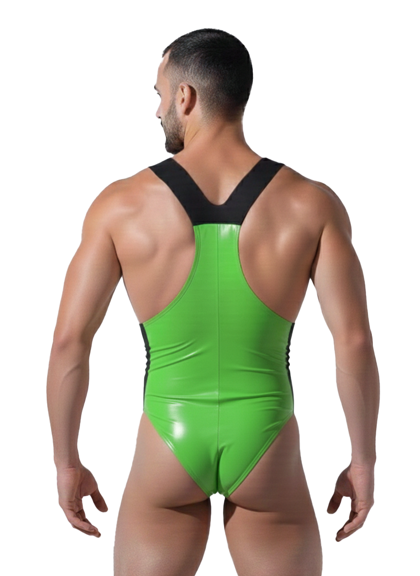 [Copy]Joylgbt‘s Men's High-Gloss Black PV Singlet with Two-Way Front Zipper and Red Racing Detail	
