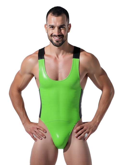 [Copy]Joylgbt‘s Men's High-Gloss Black PV Singlet with Two-Way Front Zipper and Red Racing Detail	