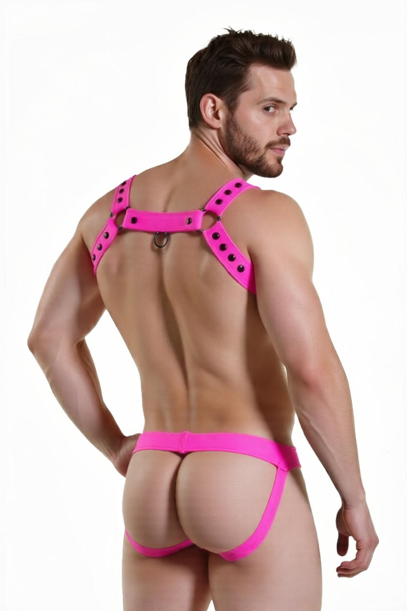 Joyglove Men's Pink Harness Bodysuit – Bold & Sexy Design