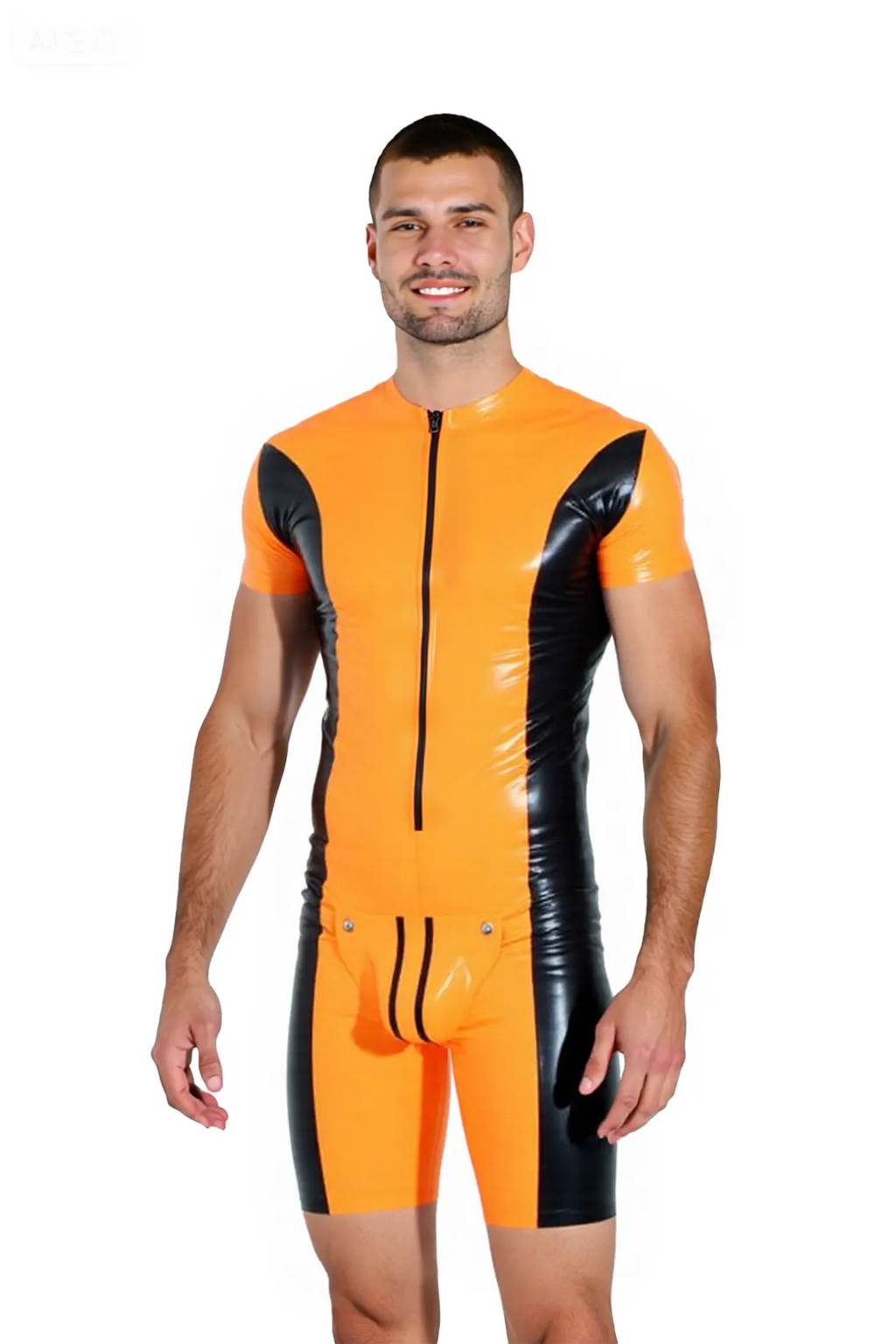Joyglove Men’s PU Leather Bodysuit – Orange-yellow & Black Contrast Short Sleeve Rompe