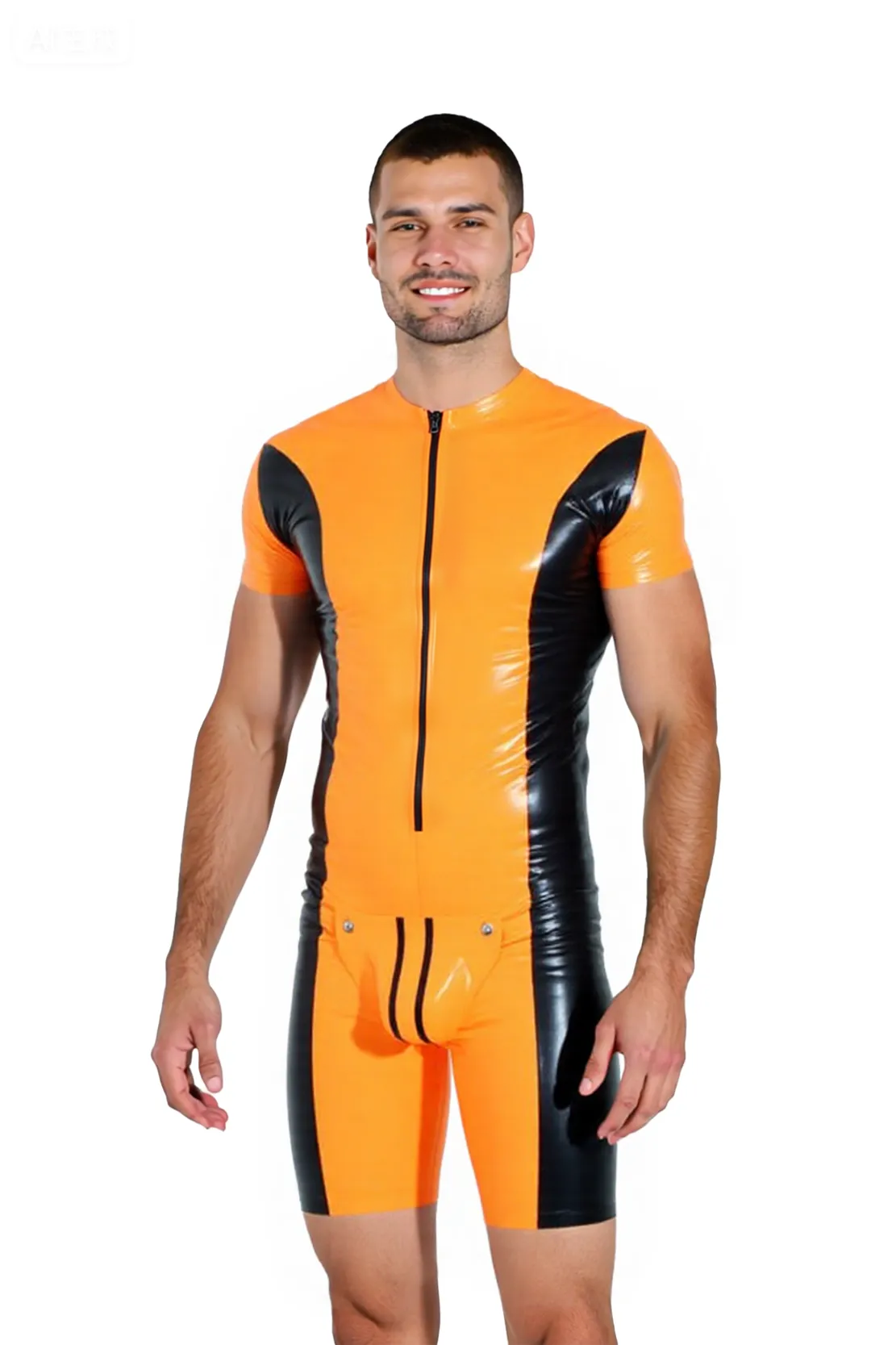 Joyglove Men’s PU Leather Bodysuit – Orange-yellow & Black Contrast Short Sleeve Rompe