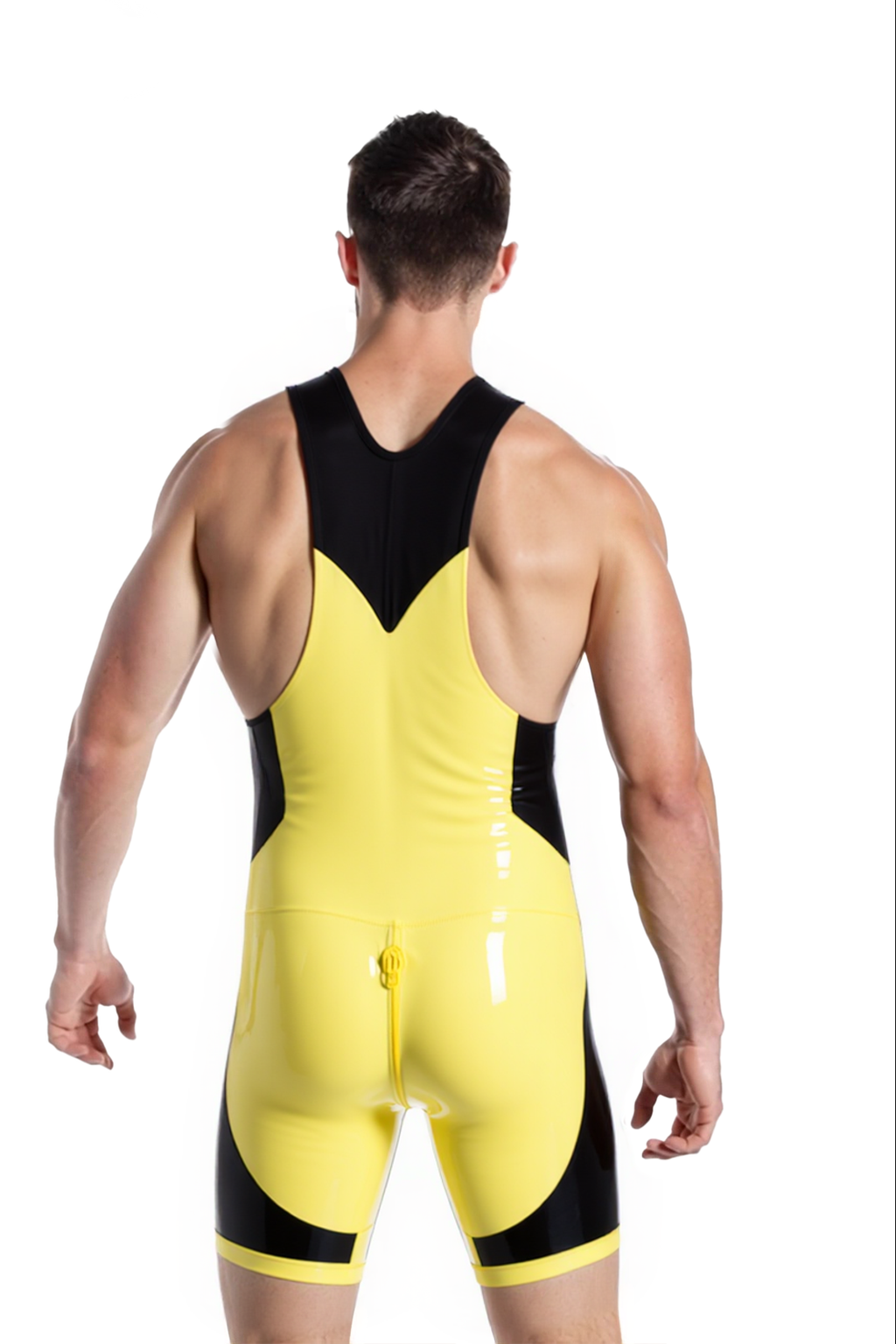 Joyglove Men's Yellow and Black PU Leather Wrestling Singlet with Front Zipper and Bold Design