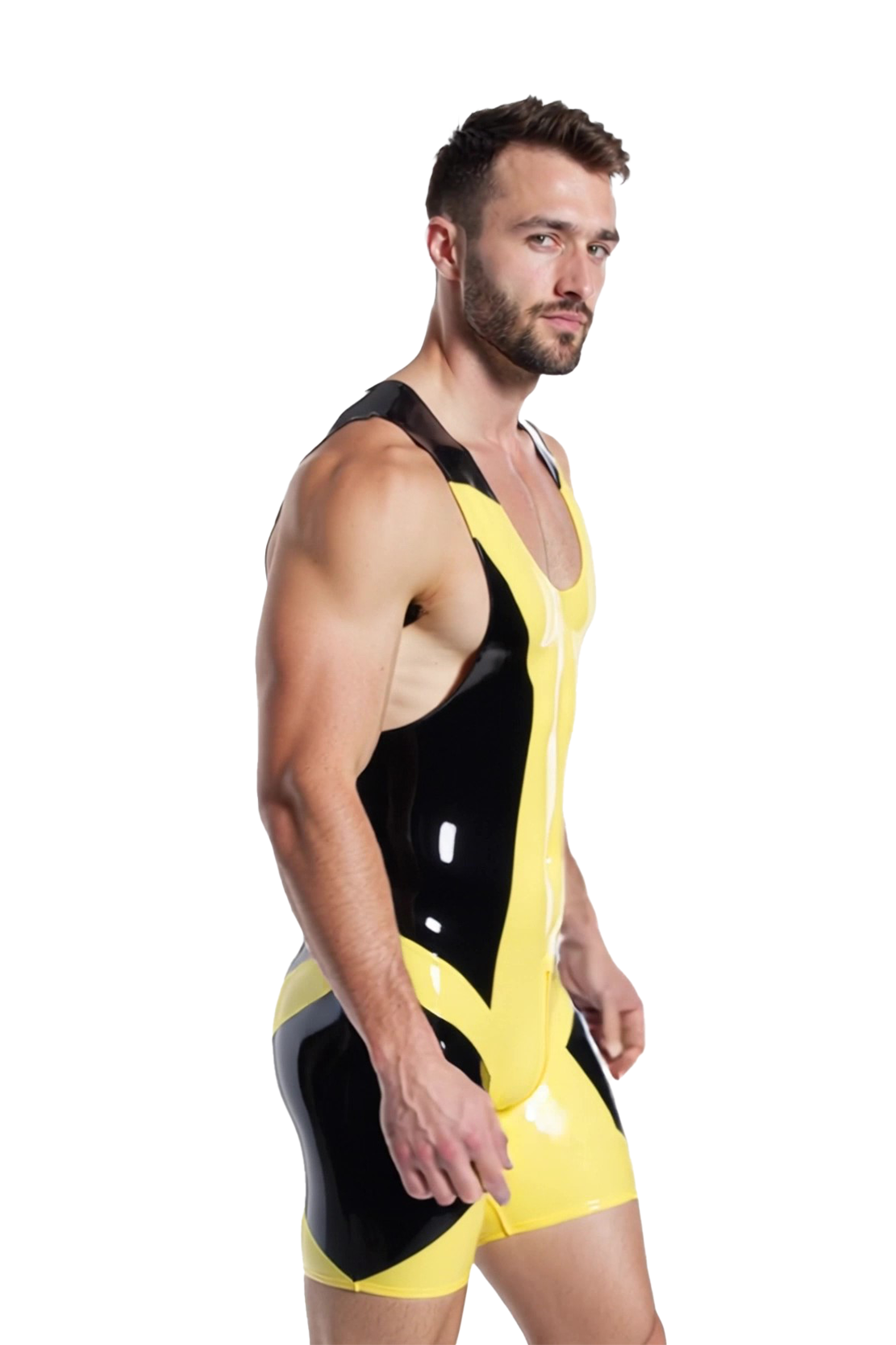 Joyglove Men's Yellow and Black PU Leather Wrestling Singlet with Front Zipper and Bold Design