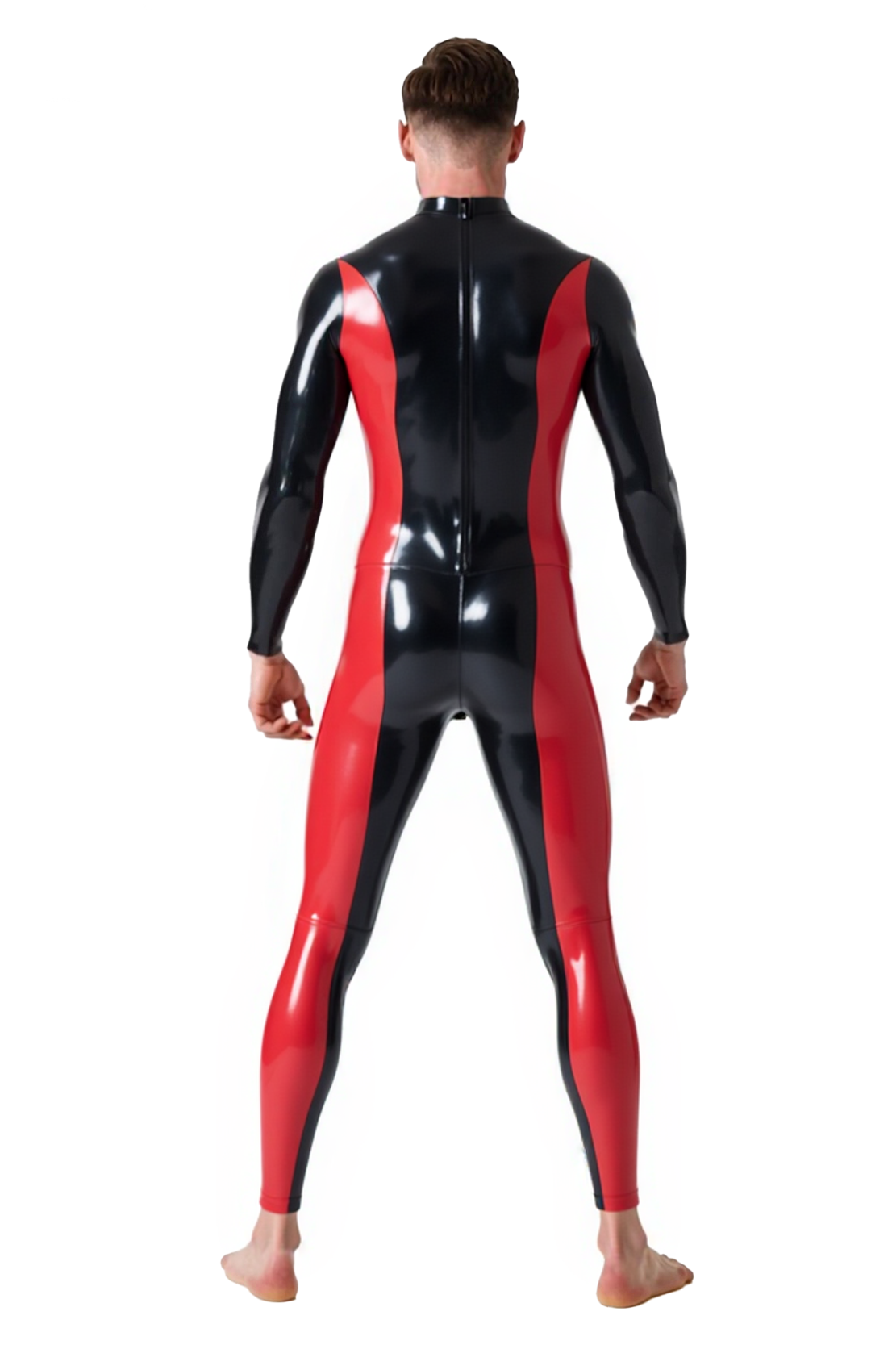 Joyglove Men’s Form-Fitting PU Leather Suit with Red and Black Stripes