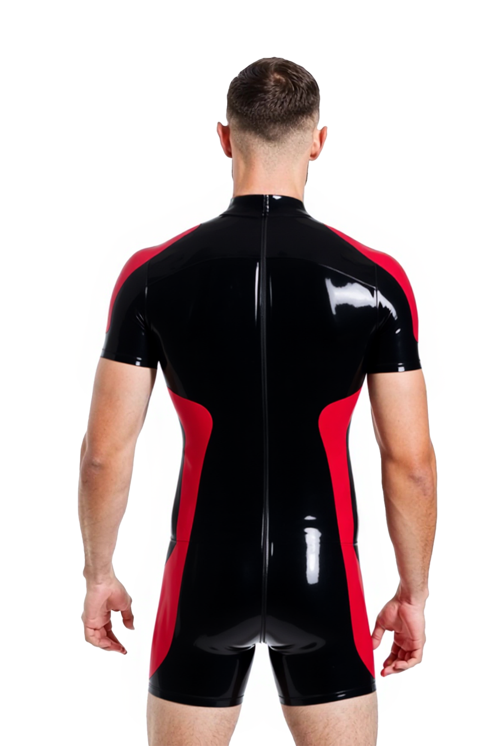 Joyglove Men's PU Leather Short-Sleeve Bodysuit with Red and Black Design