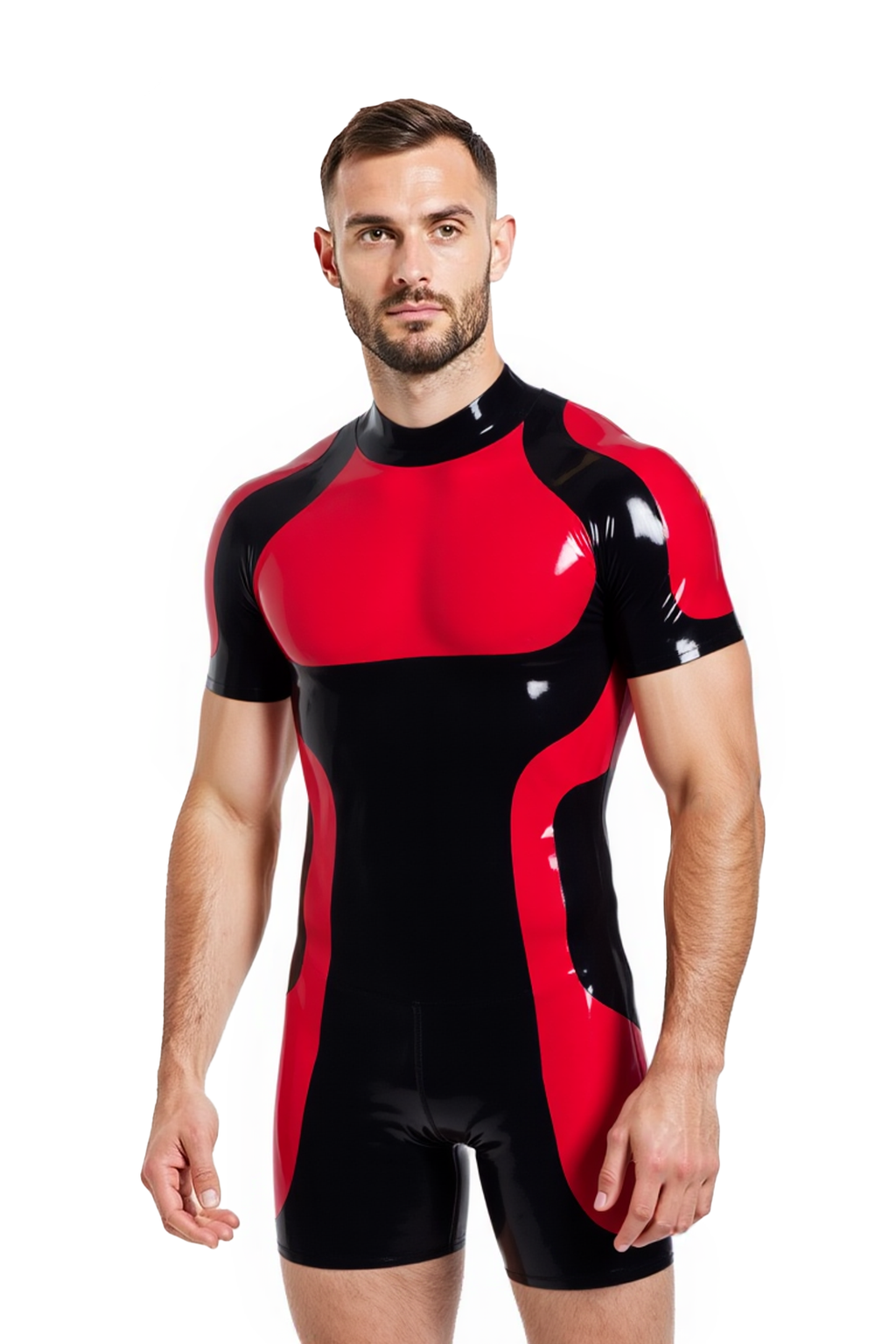 Joyglove Men's PU Leather Short-Sleeve Bodysuit with Red and Black Design