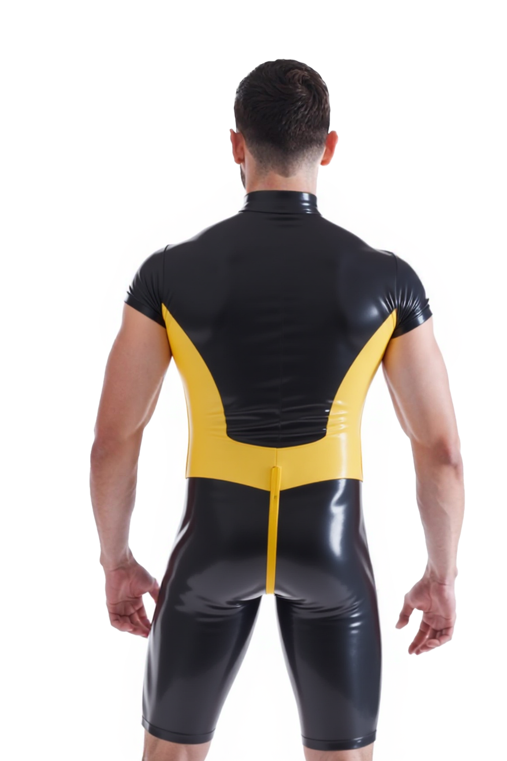 Joyglove Black and Yellow PU Leather Bodysuit - Shiny Two-Tone Athletic Gear
