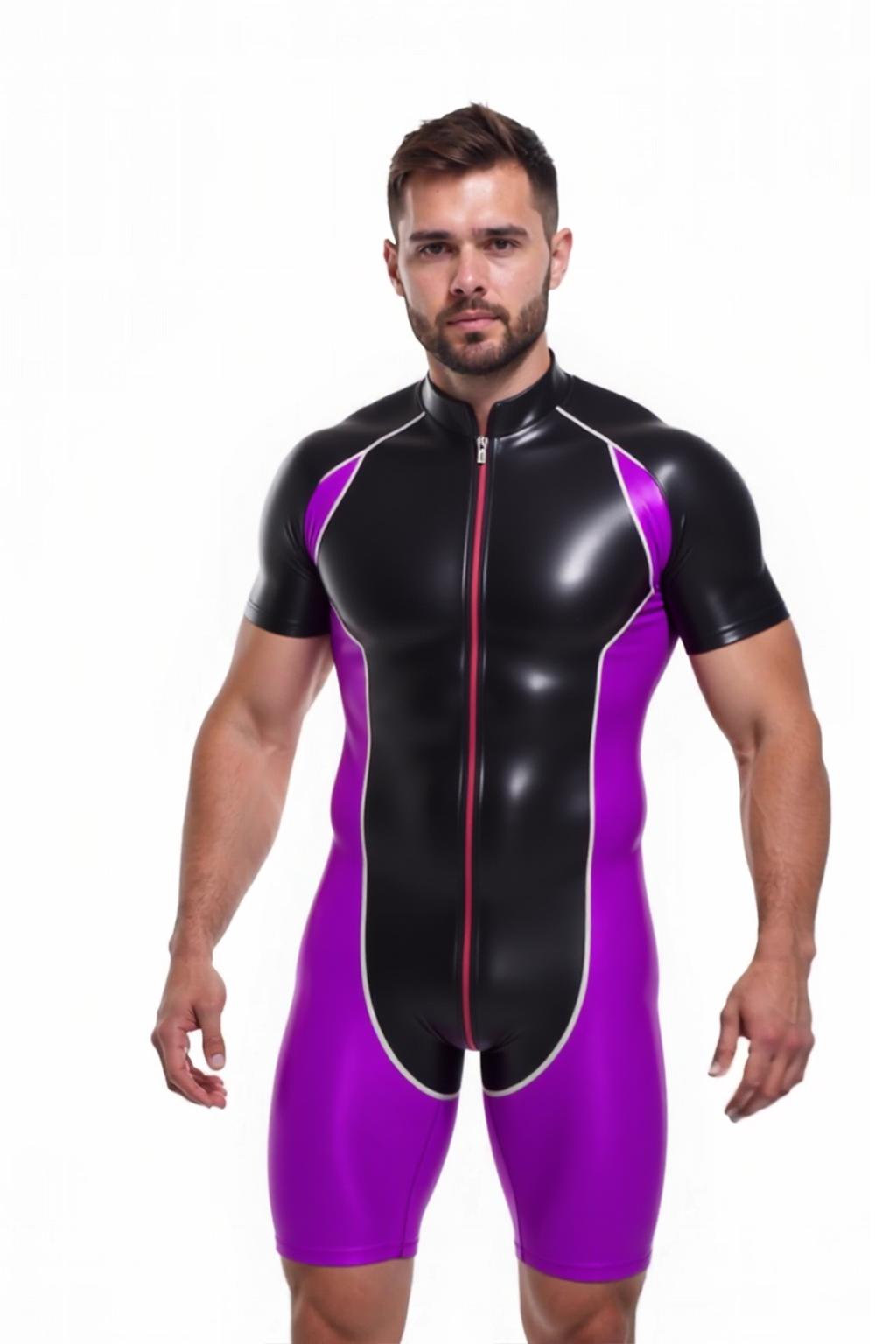 Joyglove Black and Red PU Leather Wrestling Suit - Glossy Finish with Zipper Design