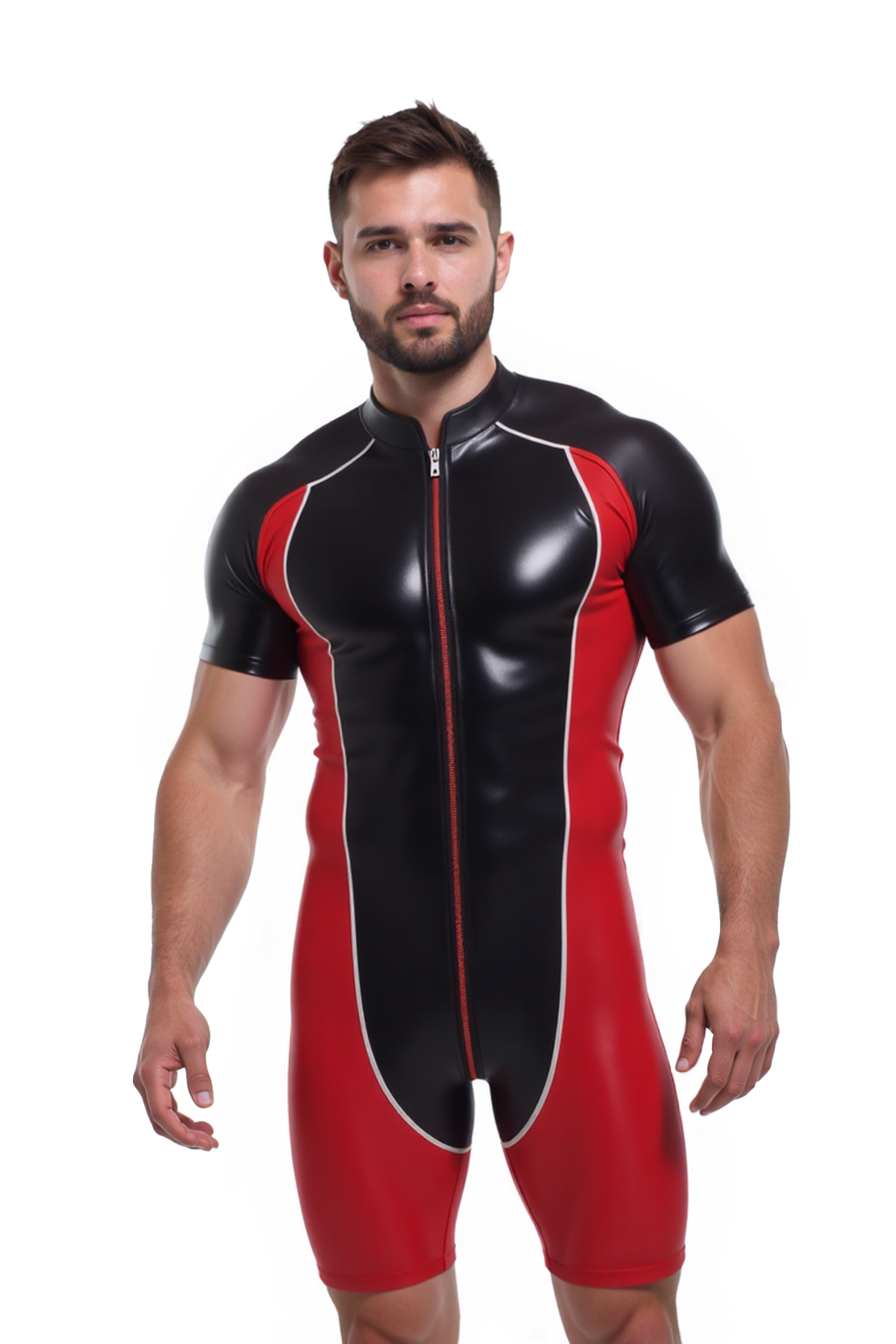Joyglove Black and Red PU Leather Wrestling Suit - Glossy Finish with Zipper Design