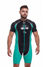 Joyglove Black and Red PU Leather Wrestling Suit - Glossy Finish with Zipper Design