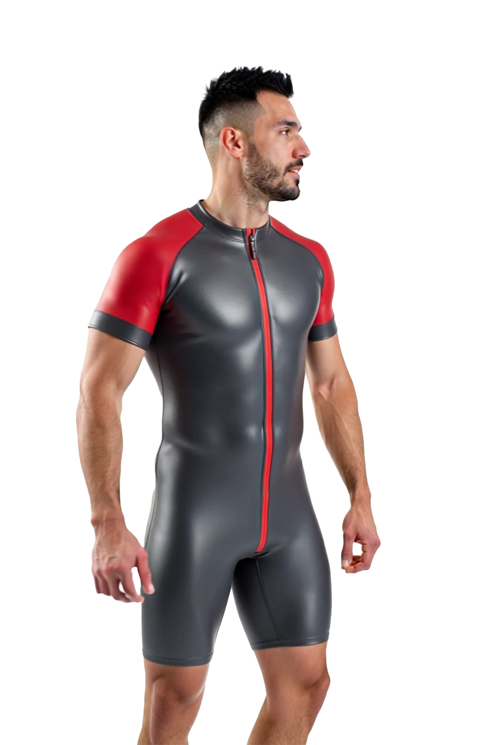Joylgbt's Two-Tone PVC Leather Bodysuit for Men – Short Sleeve Zip-Up Fetish Romper	
