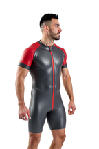 Joylgbt's Two-Tone PVC Leather Bodysuit for Men – Short Sleeve Zip-Up Fetish Romper	