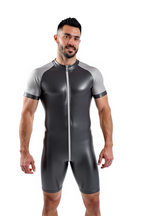 Joylgbt's Two-Tone PVC Leather Bodysuit for Men – Short Sleeve Zip-Up Fetish Romper	