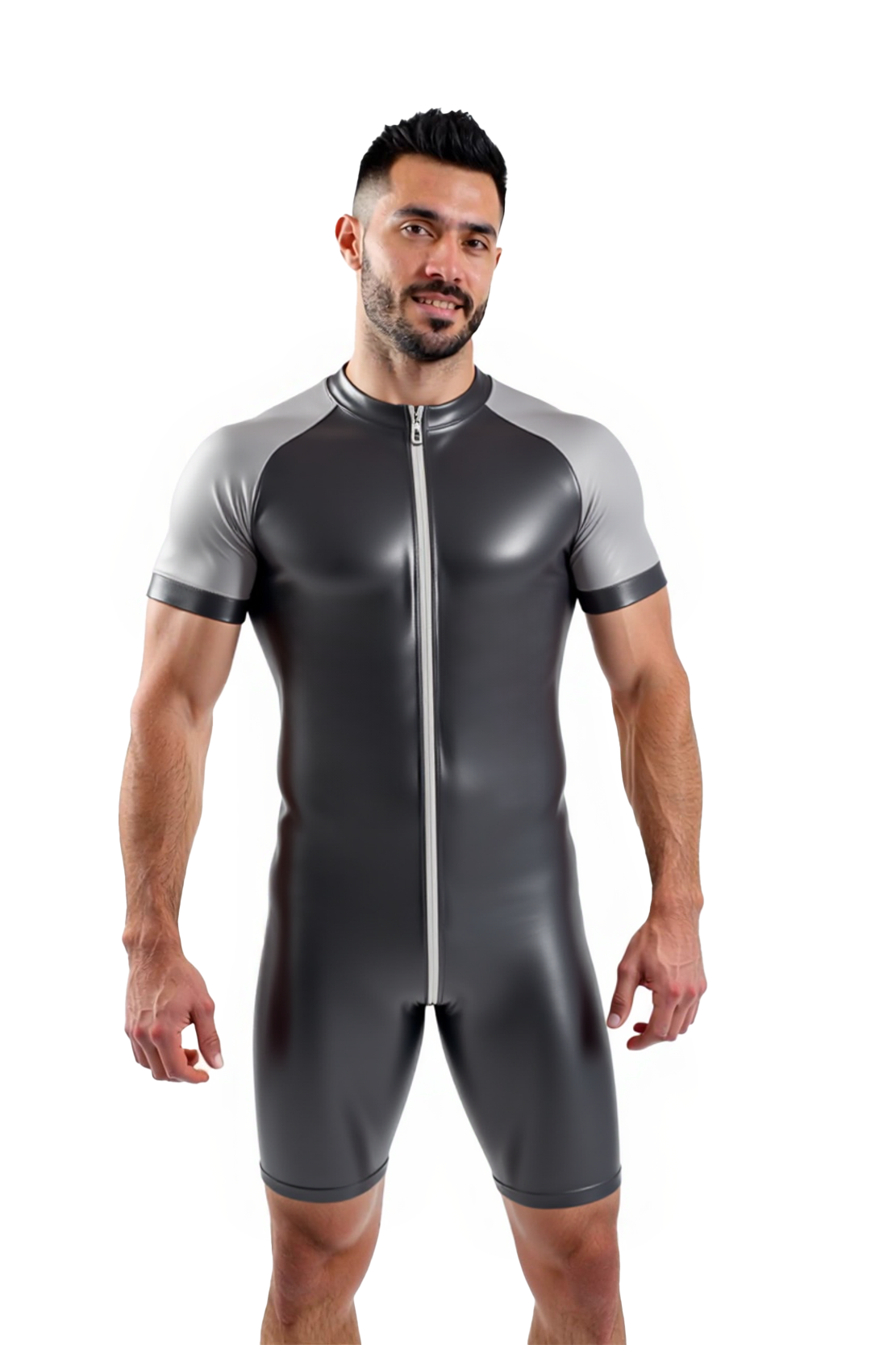 Joylgbt's Two-Tone PVC Leather Bodysuit for Men – Short Sleeve Zip-Up Fetish Romper	
