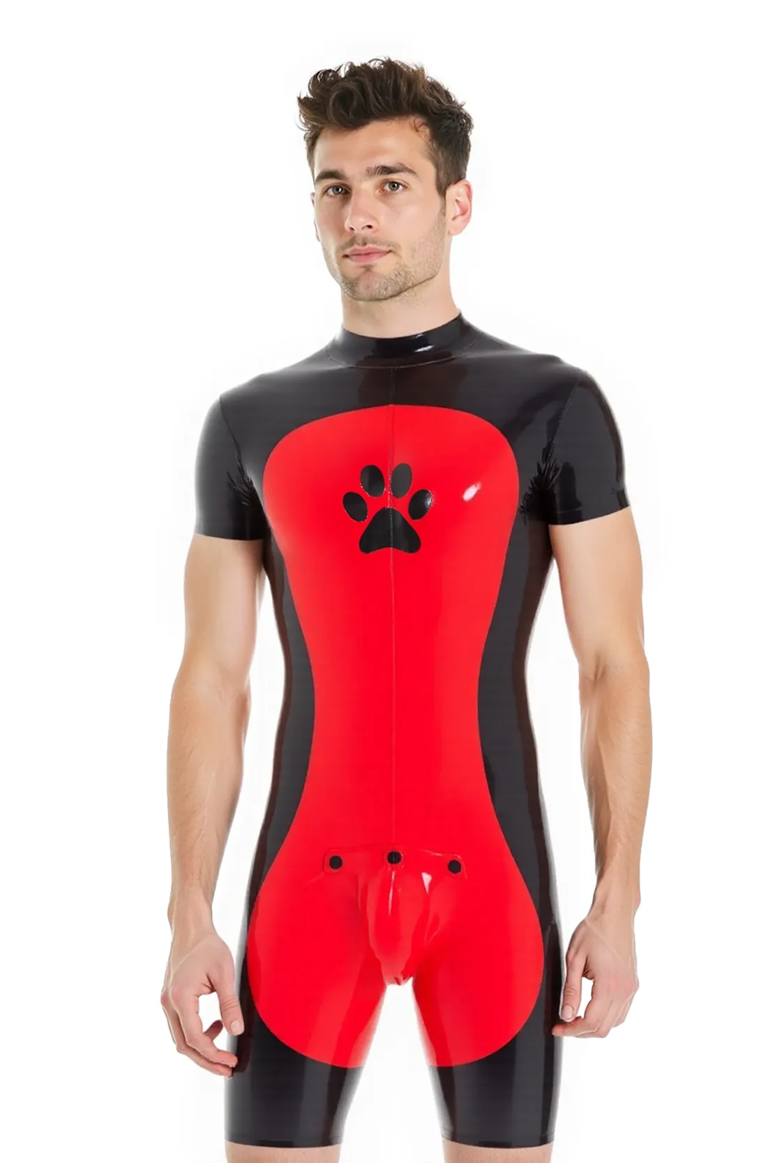 Joyglove Men’s PU Leather Short-Sleeve Bodysuit – Black & Red Contrast Style
