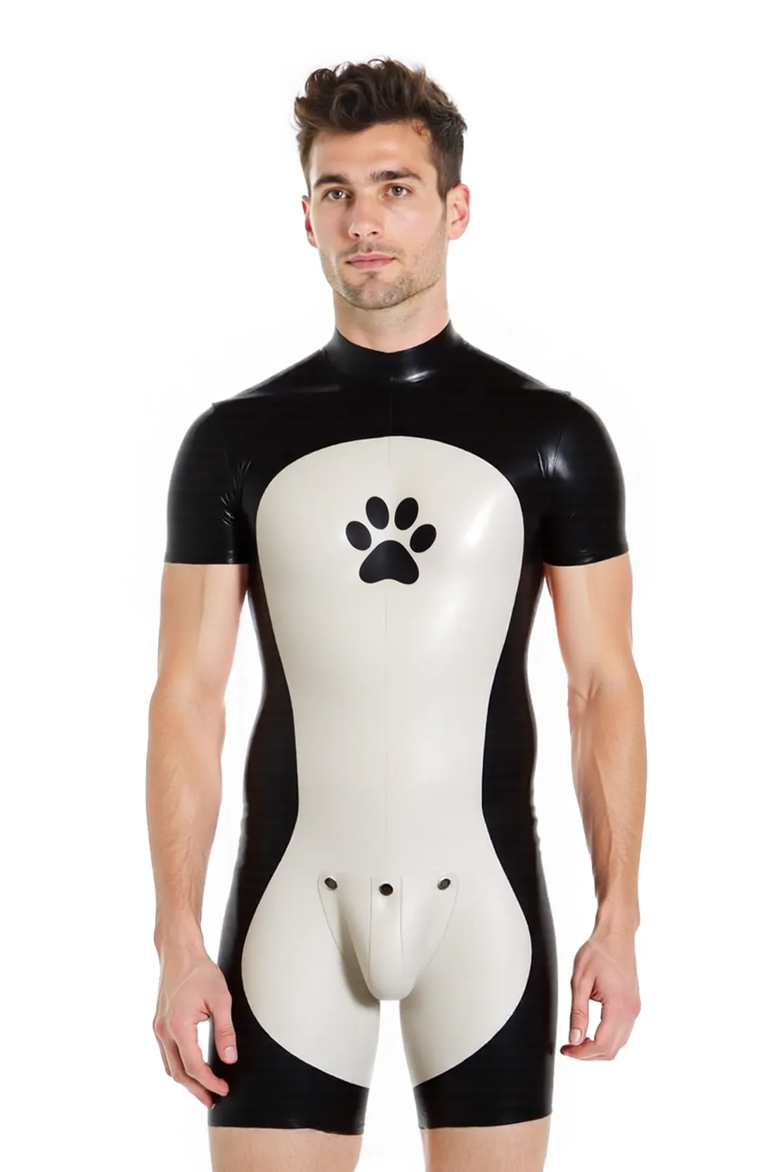 Joyglove Men’s PU Leather Short-Sleeve Bodysuit – Black & Red Contrast Style