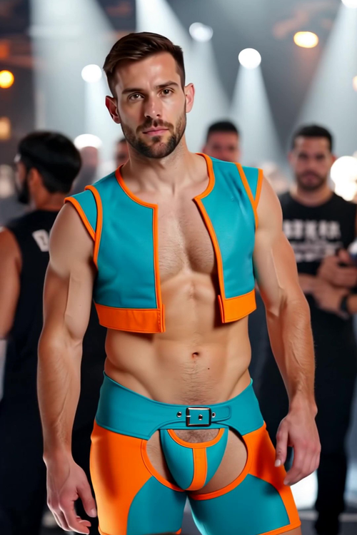 Joylgbt's Colorblock Open-Back Leather Harness Set – Sexy Blue & Orange Faux Leather Two-Piece for Men	