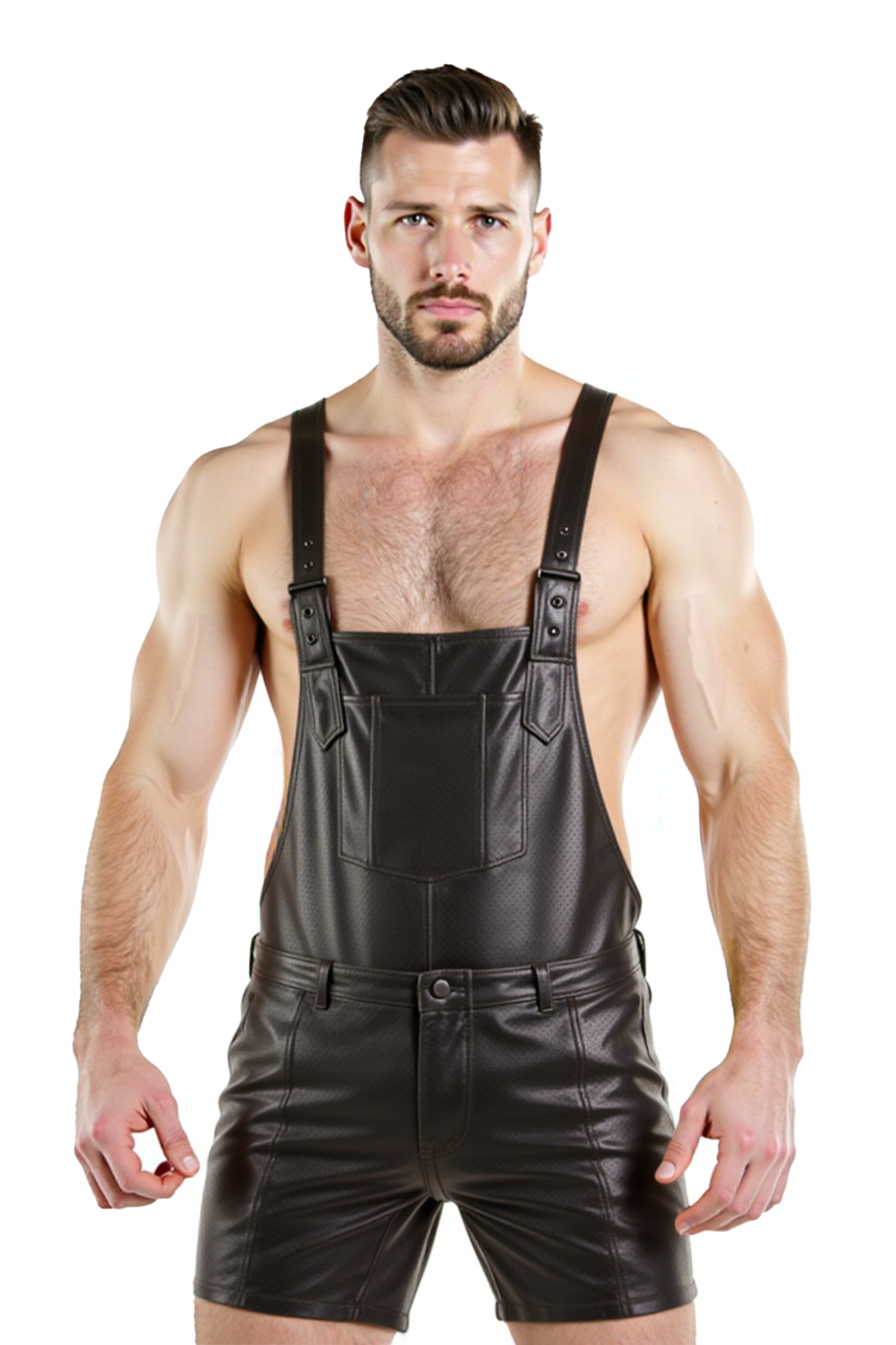 Joyglove Men's Brown PU Leather Overalls with Short Pants