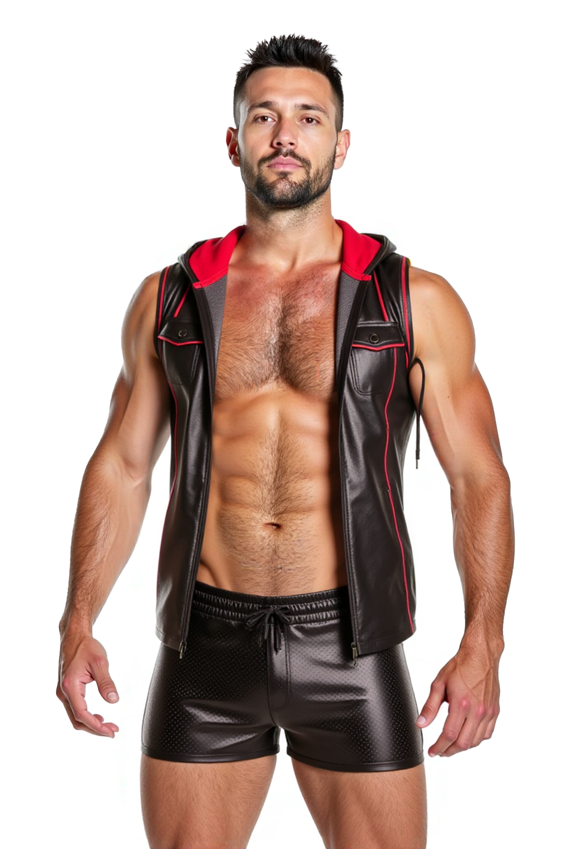 Joyglove Men's Black PU Leather Zip Hoodie with Shorts