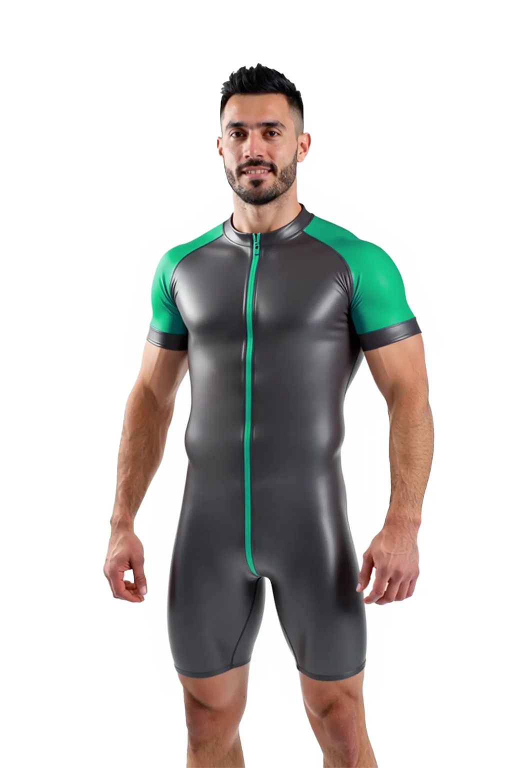 Joylgbt's Two-Tone PVC Leather Bodysuit for Men – Short Sleeve Zip-Up Fetish Romper	