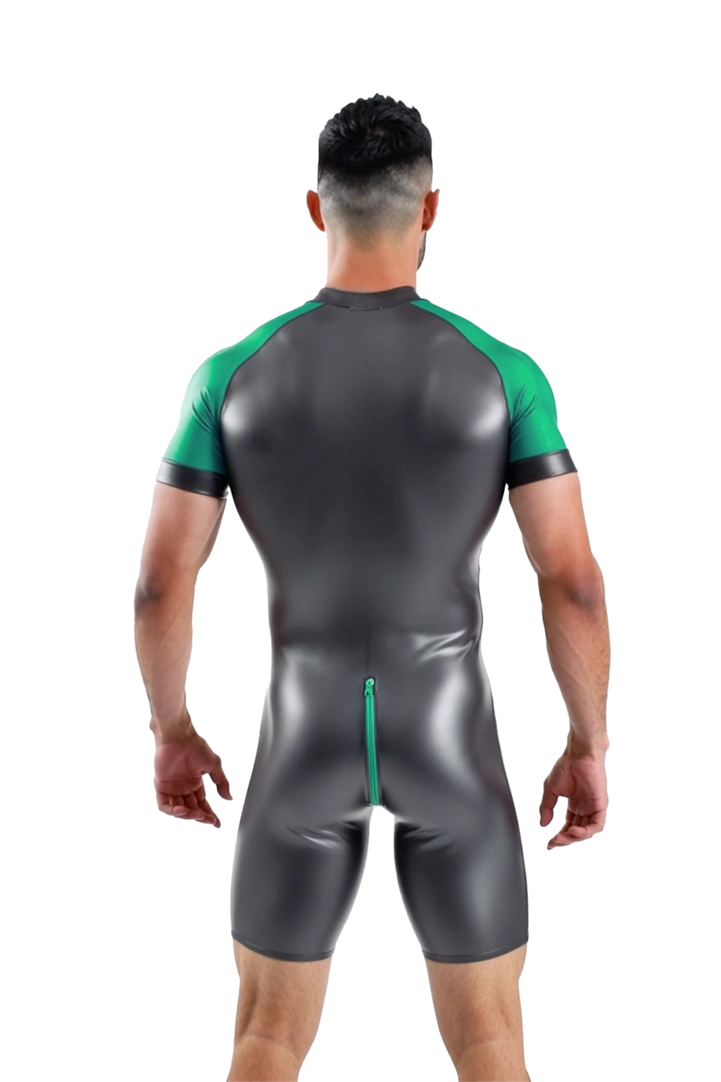 Joylgbt's Two-Tone PVC Leather Bodysuit for Men – Short Sleeve Zip-Up Fetish Romper	