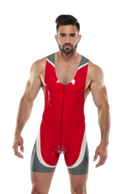 Joyglove Men’s Glossy PU Leather Wrestling Singlet – Red, Grey & White Power Panel Design