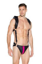 Joyglove Men's Black Hooded BDSM-Inspired Harness with Pink Accent