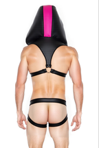 Joyglove Men's Black Hooded BDSM-Inspired Harness with Pink Accent
